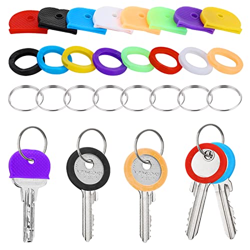 Prasacco 16 Stück Schlüsselkappen, Bunter Schlüsselabdeckungen Runde PVC Schlüsselkappen Schlüsselkennzeichnung Set mit 8 Schlüsselringen aus Eisen (Halbkreisförmig + kreisförmig, 8 Farben) von Prasacco