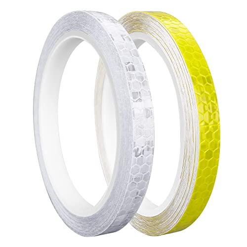 Prasacco 2 Rollen Reflektierende Klebeband, 10mm x 8m Reflektierende Aufkleber Selbstklebende Wasserdicht Aufkleber Hohe Intensität Reflektor Warnband für Straße, Fahrräder, Helme, Motorrad(Weiß,Gelb) von Prasacco