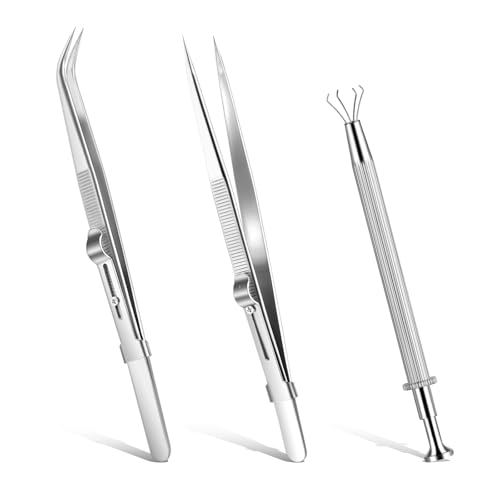 Prasacco 3 Stück Piercing Zange für Kugeln Set, 2 Edelstahl Schmuck Pinzette und 1 Jewelry Pick up Tool Präzisionspinzette mit Schiebeverriegelung für Edelsteine, Diamanten, Schmuck, Perlen, Uhren von Prasacco