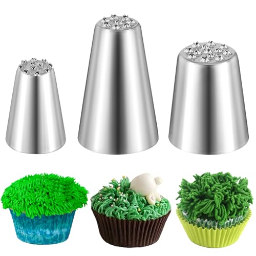 Prasacco 3 Stück Spritztüllen Set, Edelstahl Grasform Spritztüllen 3 Größen Wiederverwendbare Kuchendekorationstüllen DIY Backzubehör zum Dekorieren von Kuchen, Cupcakes, Fondant (Silber) von Prasacco