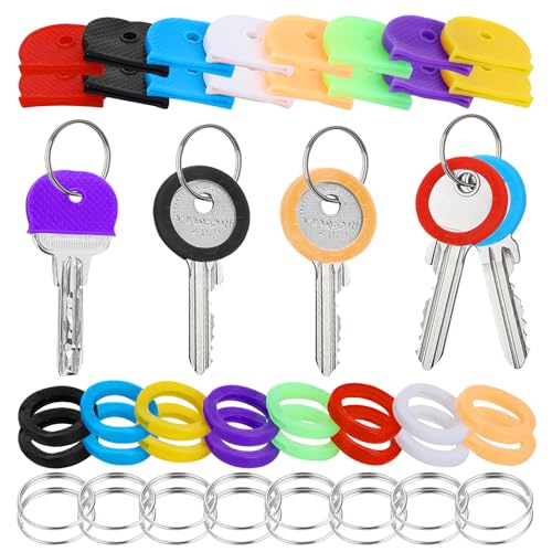 Prasacco 32 Stück Schlüsselkappen, Bunter Schlüsselabdeckungen Runde PVC Schlüsselkappen Schlüsselkennzeichnung Set mit 16 Schlüsselringen aus Eisen (Halbkreisförmig + kreisförmig, 8 Farben) von Prasacco