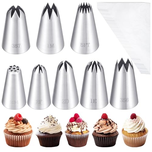 Prasacco 8 Stück Spritztüllen und 12 Stück Spritzbeutel Set, 8 Stile 304 Edelstahl Spritztüllen Wiederverwendbare Kuchendekorationstüllen DIY Backzubehör zum Dekorieren von Kuchen, Cupcakes, Fondant von Prasacco