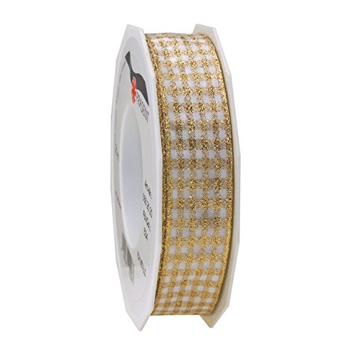 Präsent - VICHY METALLIC Band mit Drahtkante - gold/weiss - 20-m-Rolle 25 mm von Morex Ribbon