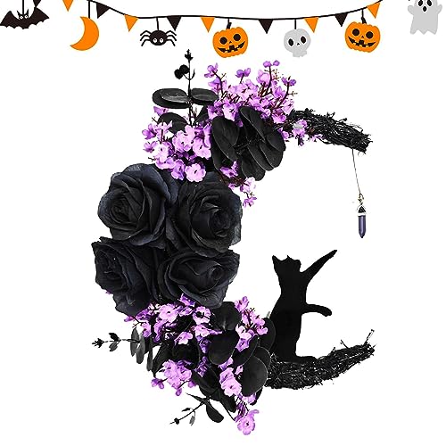Halloween-Kränze für die Haustür, Halloween-Mondkranz mit schwarzer Katze und Rose, Weinreben-Girlande, Katzen-Türkranz, gotische Dekorationen für Spukhaus, Bar, Heimdekoration von Pratvider