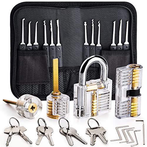 Preciva Dietrich-Set, Preciva 26-teiliges Dietrich-Werkzeug, Dietrich-Set mit 4 transparenten Vorhängeschlössern für Anfänger und Schlossertraining, Schwarz von Preciva