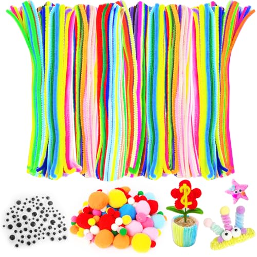 Prebarfun 630 Stück Pfeifenputzer zum Basteln set, Pfeifenreiniger bunt 30cm, 20 Farben Chenilledraht Fil chenille coloré mit 100 pcs Selbstklebend Wackelaugen und 130 pcs Pompons von Prebarfun