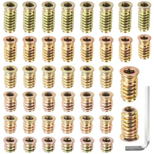Prebarfun 80 Stück Einschraubmutter M6, Gewindeeinsatz Holz M6 mit Sechskantschlüssel, Hex Innensechskant Mutter für Holzmöbel, Zink Legierung Einschlagmuttern für Holzmöbel, Gewinde Reparatur von Prebarfun