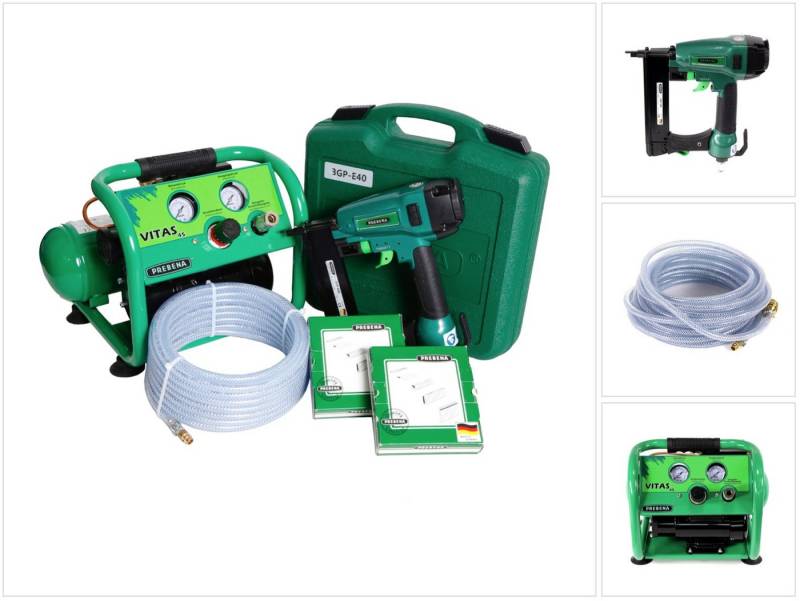 Prebena Druckluft-Nagler Komplettpaket 3GP-E40 Druckluftnagler + Kompressor VITAS 45 + 10m Sch von Prebena