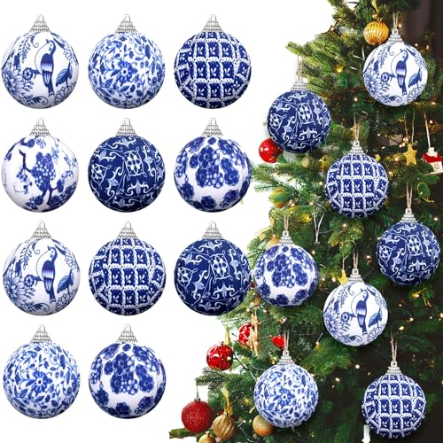 12 Stück Blaue und weiße Chinoiserie-Kugel-Ornamente Weihnachtsbaum hängende Ornamente Chinoiserie Stoff umwickelte Weihnachtsdekoration für Weihnachten Party (7,9 cm, Retro-Stil) von Preboun