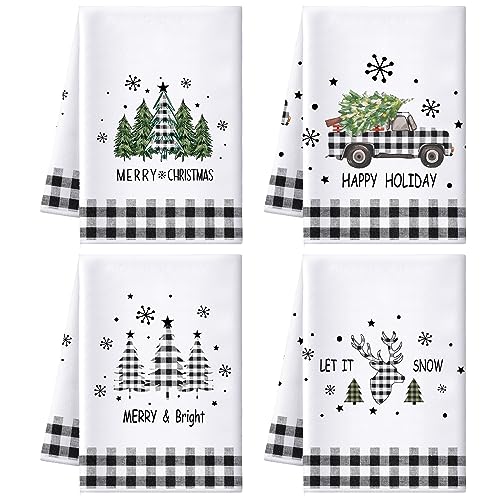 Preboun 4-teiliges Weihnachtstücher-Set, 43,2 x 66 cm, Büffelkaro, saugfähig, Weihnachtsgeschirrtuch, Weihnachtsbaum, LKW, Schneeflocke, Hirsch, Bad, dekoratives Winterhandtuch für von Preboun