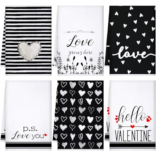 Preboun 6 Stück Valentinstag Küchentuch Schwarz und Weiß Love Heart Geschirrtuch Hello Valentine Herz Streifen Waschlappen Set 43,2 x 66 cm P. S. Love You Bad Waschlappen zum Kochen Badezimmer von Preboun