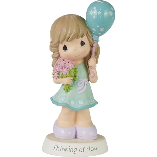 Precious Moments Figur | Thinking of You Girl Figur aus Kunstharz | Nachdenkliches Geschenk | Kleines Mädchen mit Ballon und Blumen | handbemalt von Precious Moments