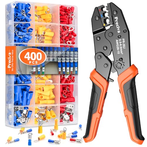 Crimpzange Kabelschuhe Set, Preciva Kabelschuhzange Crimpzange, Krimpzange Kabelschuhe Set mit 400 Stk, Elektrische Steckverbinder Quetschverbinder Sortiment 0,5-6 qmm für isolierte Kabelschuhe von Preciva