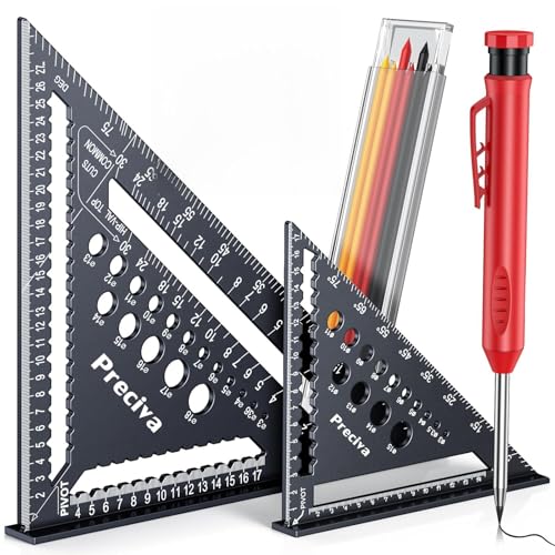 Preciva Zimmermannswinkel Set, Multifunktional Anschlagwinkel Metall Aluminium Lineal Winkelführung 18cm+30cm Schreinerwinkel Tischlerwinkel Winkelmesser [+ Tieflochmarker] Anreißen & Zeichnen von Preciva