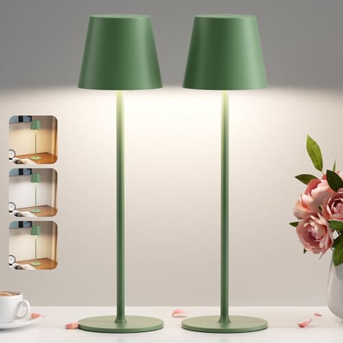 PreeOtti Tischlampe Kabellos, LED Tischleuchte Akku Dimmbare 2er Set mit 3 Farbtemperatur, Stufenlos Dimmbar, Touch Lampe mit USB-C Aufladbar für Outdoor Nachttisch Esstisch Camping(Grün) von PreeOtti