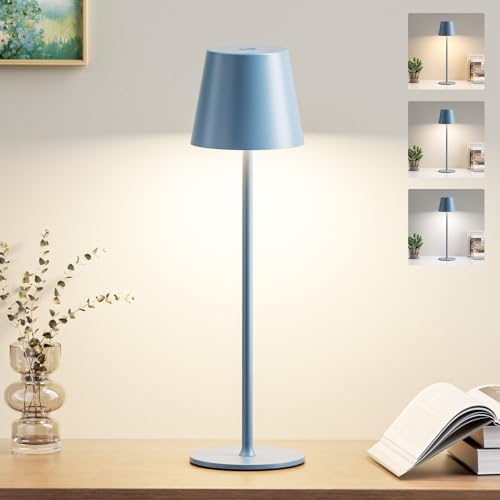 PreeOtti Tischlampe Kabellos, Akku LED Tischleuchte Touch mit 3 Farbtemperatur, Stufenlos Dimmbar, Touch Lampe mit USB-C Aufladbar für Outdoor Nachttisch Esstisch Camping(Blau) von PreeOtti