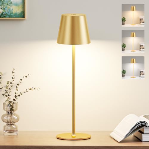 PreeOtti Tischlampe Kabellos, Akku LED Tischleuchte Touch mit 3 Farbtemperatur, Stufenlos Dimmbar, Touch Lampe mit USB-C Aufladbar für Outdoor Nachttisch Esstisch Camping(Gold) von PreeOtti