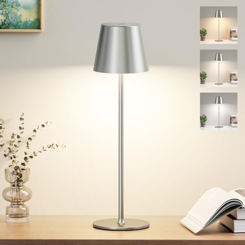 PreeOtti Tischlampe Kabellos, Akku LED Tischleuchte Touch mit 3 Farbtemperatur, Stufenlos Dimmbar, Touch Lampe mit USB-C Aufladbar für Outdoor Nachttisch Esstisch Camping(Grau) von PreeOtti