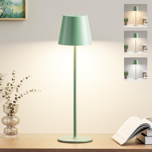 PreeOtti Tischlampe Kabellos, Akku LED Tischleuchte Touch mit 3 Farbtemperatur, Stufenlos Dimmbar, Touch Lampe mit USB-C Aufladbar für Outdoor Nachttisch Esstisch Camping(Grün) von PreeOtti