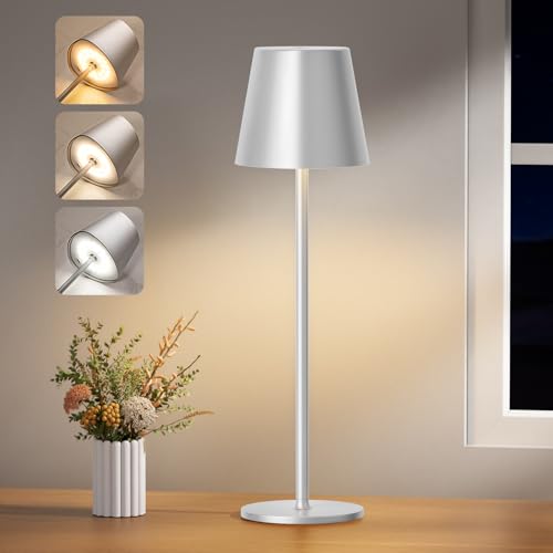 PreeOtti Tischlampe Kabellos, Dimmbare Tischleuchte Akku LED mit 3 Farbtemperatur, Stufenlos Dimmbar, Touch Lampe mit USB-C Aufladbar für Outdoor Nachttisch Esstisch Camping(Silbergrau) von PreeOtti