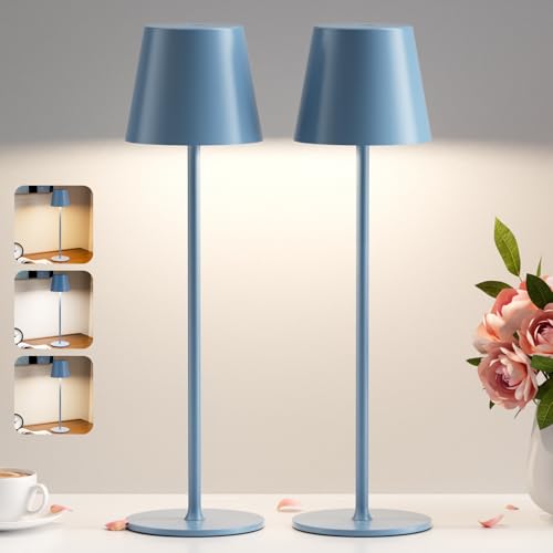 PreeOtti Tischlampe Kabellos, LED Tischleuchte Akku Dimmbare 2er Set mit 3 Farbtemperatur, Stufenlos Dimmbar, Touch Lampe mit USB-C Aufladbar für Outdoor Nachttisch Esstisch Camping(Blau) von PreeOtti