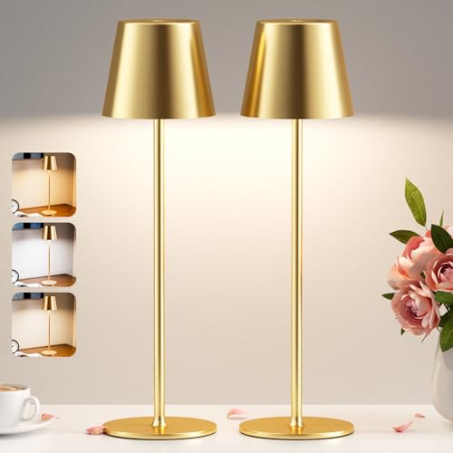 PreeOtti Tischlampe Kabellos, LED Tischleuchte Akku Dimmbare 2er Set mit 3 Farbtemperatur, Stufenlos Dimmbar, Touch Lampe mit USB-C Aufladbar für Outdoor Nachttisch Esstisch Camping(Gold) von PreeOtti