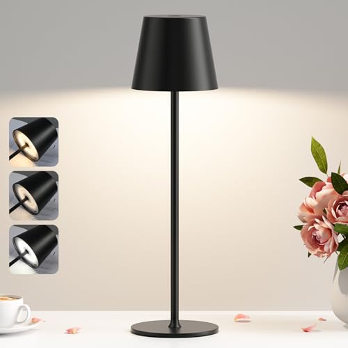 PreeOtti Tischlampe Kabellos, LED Tischleuchte Akku Dimmbare mit 3 Farbtemperatur, Stufenlos Dimmbar, Touch Lampe mit USB-C Aufladbar für Outdoor Nachttisch Esstisch Camping(Schwarz) von PreeOtti