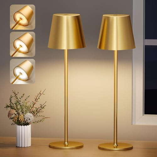 PreeOtti Tischlampe Kabellos 2er Set, Dimmbare Tischleuchte Akku LED mit 3 Farbtemperatur, Stufenlos Dimmbar, Touch Lampe mit USB-C Aufladbar für Outdoor Nachttisch Esstisch Camping(Gold) von PreeOtti