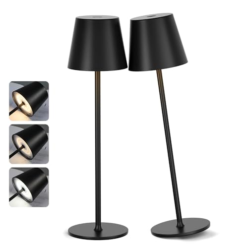 PreeOtti Tischlampe Kabellos, LED Wiederaufladbare Tischleuchte Akku 2er Set mit 3 Farbtemperatur, Stufenlos Dimmbar, Touch Lampe mit USB-C Aufladbar für Outdoor Nachttisch Esstisch Camping(Schwarz) von PreeOtti