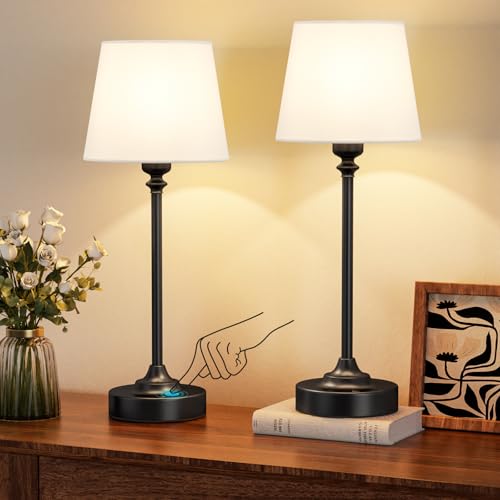 PreeOtti Tischlampe Kabellos 2er Set, Touch LED Nachttischlampe Akku, Stufenlos Dimmbar, Weißer Leinenschirm, Wederaufladbar Lampe mit USB-C Anschluss für Nachttisch Esszimmer Wohnzimmer(Schwarz) von PreeOtti