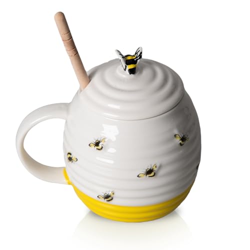 Prefdo Keramik-Honigtopf mit Holztrommel, britisches Design, Honigglas mit Honiglöffel, perfekt für Honig und Ahornsirup, 350 ml von Prefdo