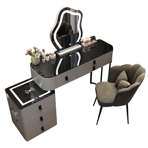 Frisiertisch mit Spiegel, 3 Farblichter und Bluetooth, Schminktisch, Glasplatte, Steckdose, Metallbeine, Abnehmbarer Stauraum für Frauen und Mädchen von Preferspace