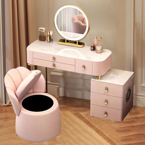 Frisiertisch mit Spiegel und Beleuchtung, 3 Farbmodi, Schminktisch-Set, USB-Anschlüsse, Bluetooth-Lautsprecher, kabelloses Ladegerät, Aufbewahrungshocker, Metallbasis, Schlafzimmer Frisiertisch mit Spiegel und Beleuchtung, 3 Farbmodi, Schminktisch-Set, USB-Anschlüsse, Bluetooth-Lautsprecher, kabelloses Ladegerät, Aufbewahrungshocker, Metallbasis, Schlafzimmer von Preferspace