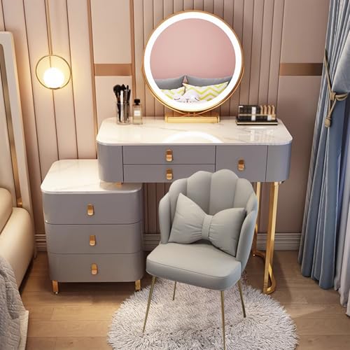 Preferspace Frisiertisch-Set mit Spiegel und Beleuchtung, 3 Modi, Schminktisch, Steckdose, USB-Anschlüsse, kabelloses Laden, Bluetooth-Lautsprecher von Preferspace