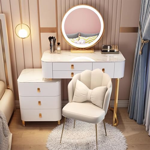 Preferspace Frisiertisch-Set mit Spiegel und Beleuchtung, 3 Modi, Schminktisch, Steckdose, USB-Anschlüsse, kabelloses Laden, Bluetooth-Lautsprecher von Preferspace