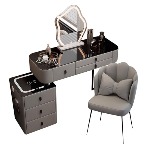 Preferspace Schminktisch fürs Schlafzimmer mit beleuchtetem Spiegel und Lautsprecher, Schminktisch mit Glasplatte, Steckdose, 3 Farbmodi, Aufbewahrungshocker-Set für Frauen und Mädchen von Preferspace