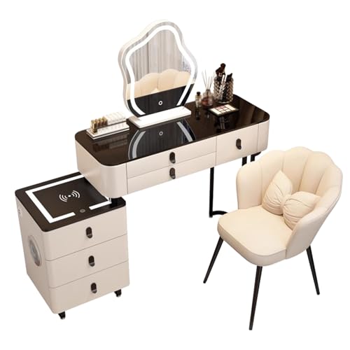 Preferspace Schminktisch fürs Schlafzimmer mit beleuchtetem Spiegel und Lautsprecher, Schminktisch mit Glasplatte, Steckdose, 3 Farbmodi, Aufbewahrungshocker-Set für Frauen und Mädchen von Preferspace