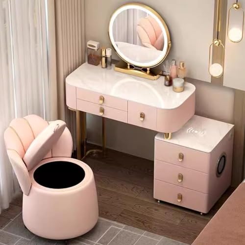 Preferspace Schminktisch mit LED-Spiegel, 3 Beleuchtungsfarben, Schminktisch-Set, USB-Anschlüsse, Bluetooth-Lautsprecher, kabelloses Ladegerät, Aufbewahrungshocker, stabiles Metallschlafzimmer von Preferspace