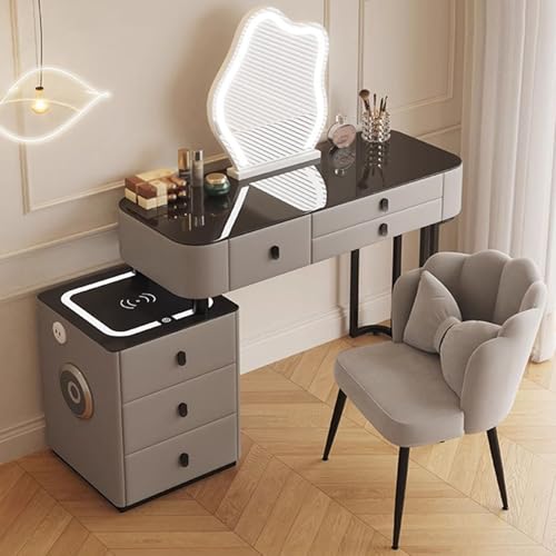 Preferspace Schminktisch mit Stuhl, Schreibtisch und Steckdose auf Glasplatte, LED-Schminktisch, 3 Farblichter, Verstellbarer Stauraum, Bluetooth-Lautsprecher für Frauen und Mädchen Preferspace Schminktisch mit Stuhl, Schreibtisch und Steckdose auf Glasplatte, LED-Schminktisch, 3 Farblichter, Verstellbarer Stauraum, Bluetooth-Lautsprecher für Frauen und Mädchen von Preferspace
