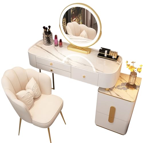 Preferspace Schminktisch mit beleuchtetem Spiegel, Schminktisch-Set mit gepolstertem Hocker, Schminktisch mit Schubladen, 3-Farben-Licht, einstellbare Helligkeit von Preferspace