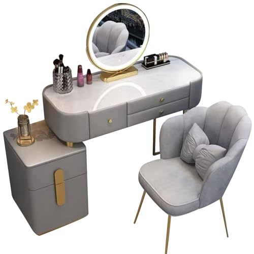 Preferspace Schminktisch mit beleuchtetem Spiegel, Schminktisch-Set mit gepolstertem Hocker, Schminktisch mit Schubladen, 3-Farben-Licht, einstellbare Helligkeit von Preferspace