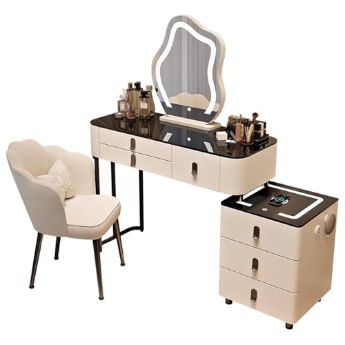 Preferspace Schminktisch mit verstellbarem Lichtspiegel, natürlich warm und kühl, Schreibtisch mit Steckdose, USB-Anschlüssen und Bluetooth-Lautsprechern, Schminktisch von Preferspace