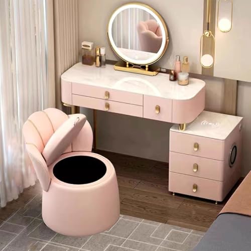 Schminktisch-Set mit Spiegelbeleuchtung, 3 Farben, Schminktisch, Steckdosen, Lautsprecher, kabelloses Laden, Aufbewahrungshocker, Metallbeine, Frisiertisch für Schlafzimmer Schminktisch-Set mit Spiegelbeleuchtung, 3 Farben, Schminktisch, Steckdosen, Lautsprecher, kabelloses Laden, Aufbewahrungshocker, Metallbeine, Frisiertisch für Schlafzimmer von Preferspace