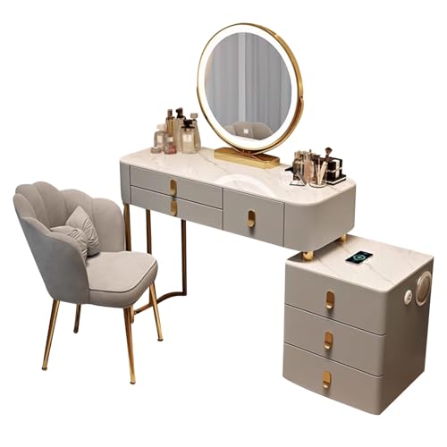 Schminktisch mit Stuhl, Schreibtisch, LED-beleuchteter Spiegel, natürliches warmes und kaltes Licht, Modi, Aufbewahrungsschrank, links und rechts, USB-Anschlüsse, Bluetooth-Lautsprecher, ka von Preferspace