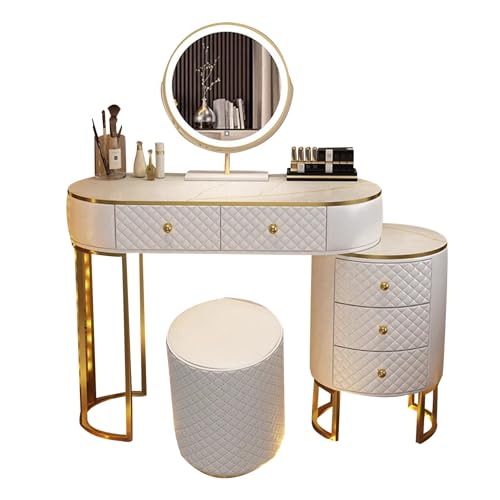 Schminktisch mit beleuchtetem Spiegel, 3 Farbmodi, einstellbares LED-System, Stabiler Metallrahmen, bequemer Samthocker, Frisiertisch fürs Schlafzimmer von Preferspace