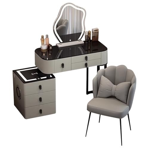 Schminktisch mit beleuchteter Spiegelglasplatte und verstellbarem Stauraum, Frisiertisch mit 3-Farbiger Beleuchtung, Hocker mit USB-Anschlüssen und Bluetooth-Lautsprecher von Preferspace