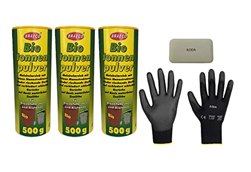 Preisjubel 3x500g Biotonnenpulver Mülleimer-Pulver + 1 Stück Kernseife 150g + 1 Paar Wiederverwendbare Schutzhandschuhe, Vorbeugen gegen Maden Abfalltonne von ILODA