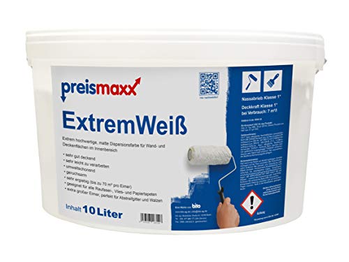 Preismaxx Wandfarbe weiß 10l Extrem Weiss Innenfarbe sehr hohe Deckkraft Klasse 1 - Nassabriebklasse 1 matt Extrem deckend Ausbesserungsfarbe 10 L Preismaxx Wandfarbe weiß 10l Extrem Weiss Innenfarbe sehr hohe Deckkraft Klasse 1 - Nassabriebklasse 1 matt Extrem deckend Ausbesserungsfarbe 10 L von Preismaxx