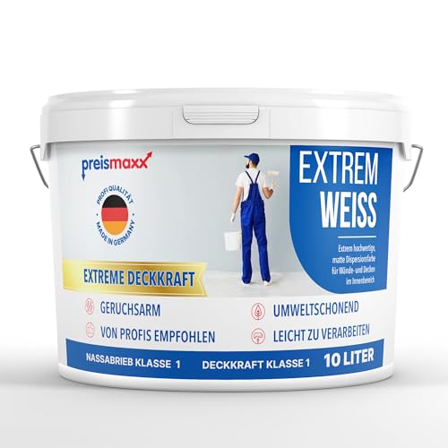 Preismaxx Wandfarbe weiß 10l Extrem Weiss Innenfarbe sehr hohe Deckkraft Klasse 1 - Nassabriebklasse 1 matt Extrem deckend Ausbesserungsfarbe 10 L von Preismaxx