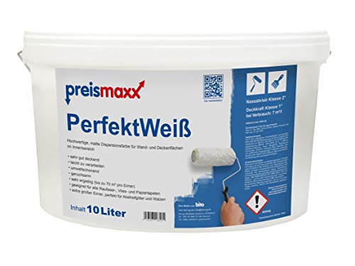 Preismaxx Perfektweiß Wandfarbe weiß 10L, Innenfarbe, sehr hohe Deckkraft Klasse 1, matt, von Preismaxx